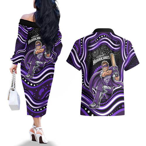 Hobart Hurricanes Cricket Couples Matching Off The Shoulder Long Sleeve Dress and Hawaiian Shirt Australian Cricket Mascot - Modern Indigenous Style