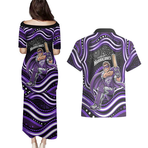 Hobart Hurricanes Cricket Couples Matching Puletasi and Hawaiian Shirt Australian Cricket Mascot - Modern Indigenous Style