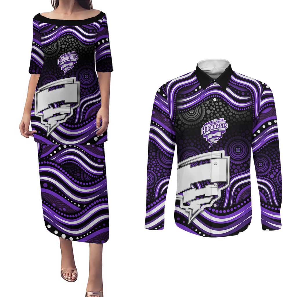 Hobart Hurricanes Cricket Couples Matching Puletasi and Long Sleeve Button Shirt Australian Cricket Mascot - Modern Indigenous Style