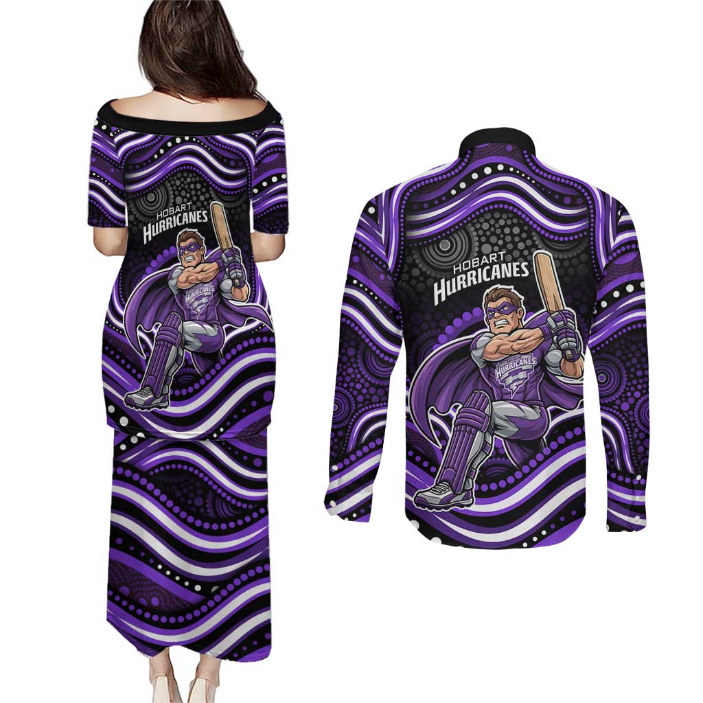 Hobart Hurricanes Cricket Couples Matching Puletasi and Long Sleeve Button Shirt Australian Cricket Mascot - Modern Indigenous Style