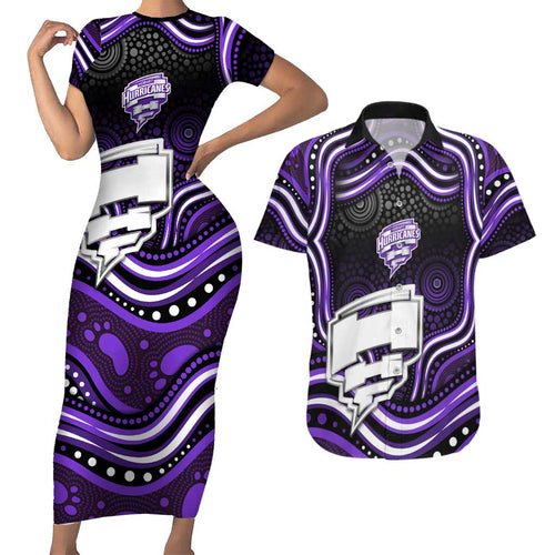 Hobart Hurricanes Cricket Couples Matching Short Sleeve Bodycon Dress and Hawaiian Shirt Australian Cricket Mascot - Modern Indigenous Style
