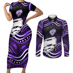 Hobart Hurricanes Cricket Couples Matching Short Sleeve Bodycon Dress and Long Sleeve Button Shirt Australian Cricket Mascot - Modern Indigenous Style