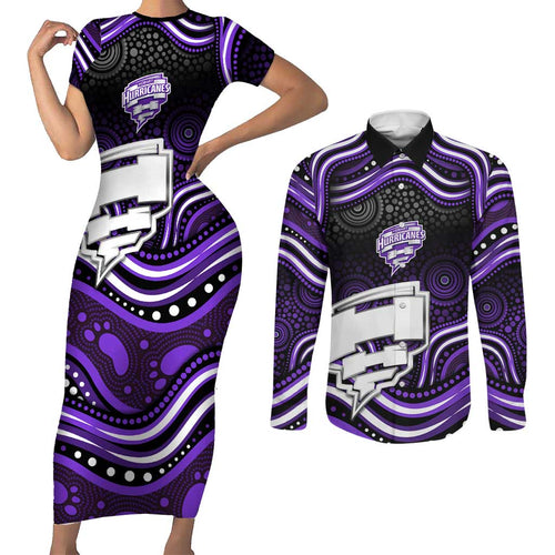 Hobart Hurricanes Cricket Couples Matching Short Sleeve Bodycon Dress and Long Sleeve Button Shirt Australian Cricket Mascot - Modern Indigenous Style