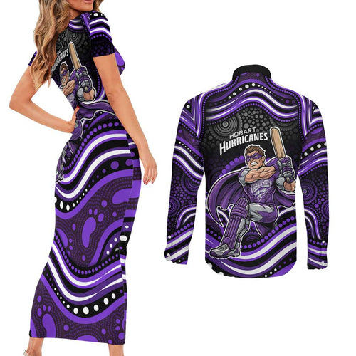 Hobart Hurricanes Cricket Couples Matching Short Sleeve Bodycon Dress and Long Sleeve Button Shirt Australian Cricket Mascot - Modern Indigenous Style