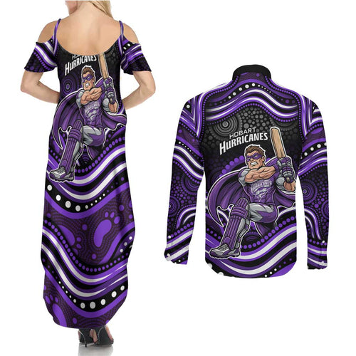 Hobart Hurricanes Cricket Couples Matching Summer Maxi Dress and Long Sleeve Button Shirt Australian Cricket Mascot - Modern Indigenous Style
