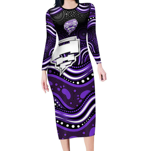 Hobart Hurricanes Cricket Family Matching Long Sleeve Bodycon Dress and Hawaiian Shirt Australian Cricket Mascot - Modern Indigenous Style