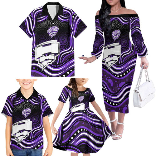 Hobart Hurricanes Cricket Family Matching Off The Shoulder Long Sleeve Dress and Hawaiian Shirt Australian Cricket Mascot - Modern Indigenous Style