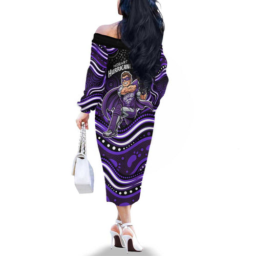 Hobart Hurricanes Cricket Family Matching Off The Shoulder Long Sleeve Dress and Hawaiian Shirt Australian Cricket Mascot - Modern Indigenous Style