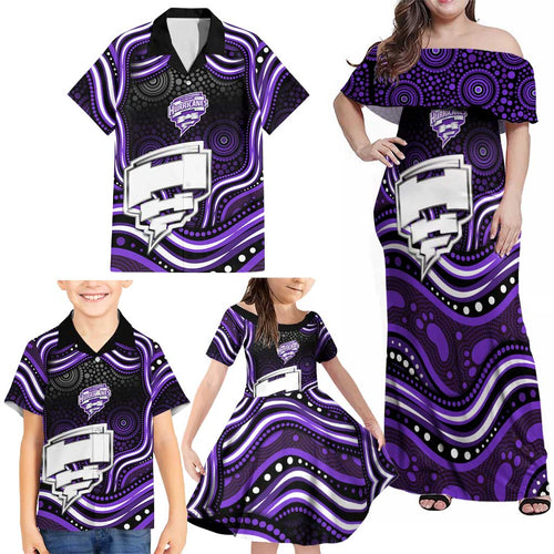 Hobart Hurricanes Cricket Family Matching Off Shoulder Maxi Dress and Hawaiian Shirt Australian Cricket Mascot - Modern Indigenous Style