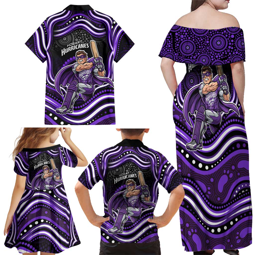 Hobart Hurricanes Cricket Family Matching Off Shoulder Maxi Dress and Hawaiian Shirt Australian Cricket Mascot - Modern Indigenous Style