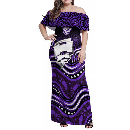 Hobart Hurricanes Cricket Family Matching Off Shoulder Maxi Dress and Hawaiian Shirt Australian Cricket Mascot - Modern Indigenous Style