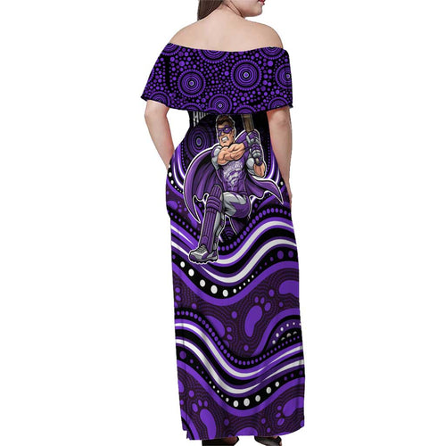 Hobart Hurricanes Cricket Family Matching Off Shoulder Maxi Dress and Hawaiian Shirt Australian Cricket Mascot - Modern Indigenous Style