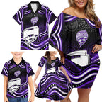 Hobart Hurricanes Cricket Family Matching Off Shoulder Short Dress and Hawaiian Shirt Australian Cricket Mascot - Modern Indigenous Style
