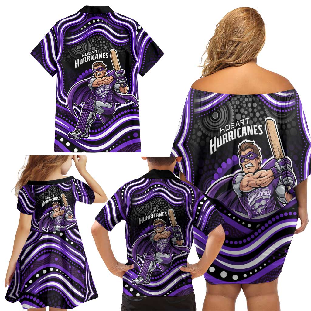 Hobart Hurricanes Cricket Family Matching Off Shoulder Short Dress and Hawaiian Shirt Australian Cricket Mascot - Modern Indigenous Style