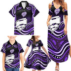 Hobart Hurricanes Cricket Family Matching Summer Maxi Dress and Hawaiian Shirt Australian Cricket Mascot - Modern Indigenous Style