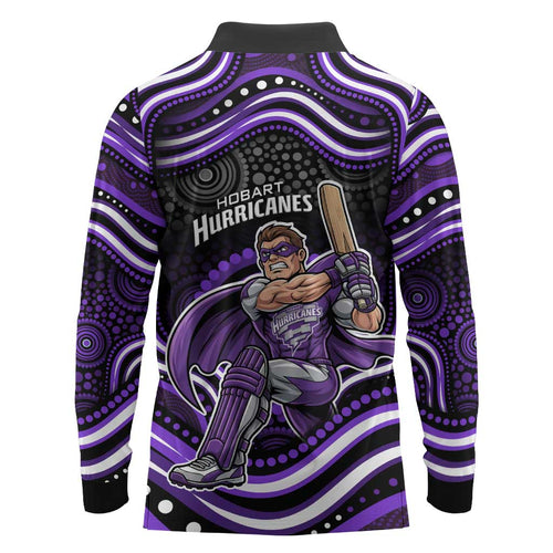 Hobart Hurricanes Cricket Long Sleeve Polo Shirt Australian Cricket Mascot - Modern Indigenous Style