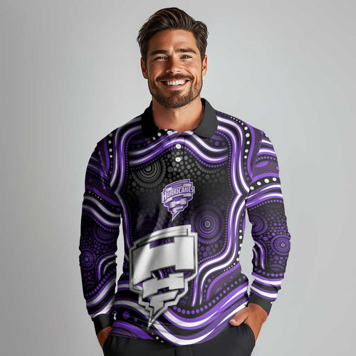 Hobart Hurricanes Cricket Long Sleeve Polo Shirt Australian Cricket Mascot - Modern Indigenous Style