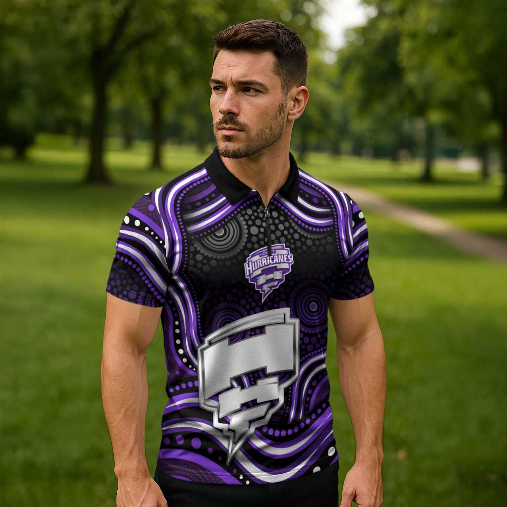 Hobart Hurricanes Cricket Zipper Polo Shirt Australian Cricket Mascot - Modern Indigenous Style