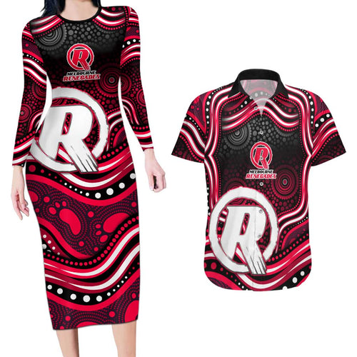 Melbourne Renegades Cricket Couples Matching Long Sleeve Bodycon Dress and Hawaiian Shirt Australian Cricket Mascot - Modern Indigenous Style