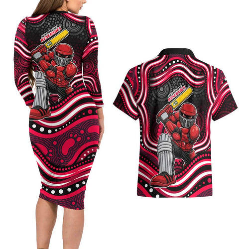 Melbourne Renegades Cricket Couples Matching Long Sleeve Bodycon Dress and Hawaiian Shirt Australian Cricket Mascot - Modern Indigenous Style