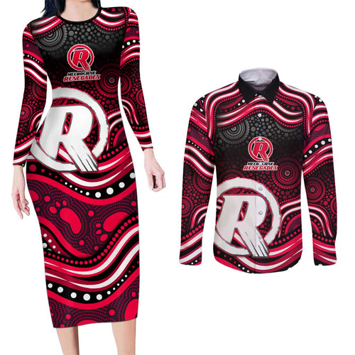 Melbourne Renegades Cricket Couples Matching Long Sleeve Bodycon Dress and Long Sleeve Button Shirt Australian Cricket Mascot - Modern Indigenous Style