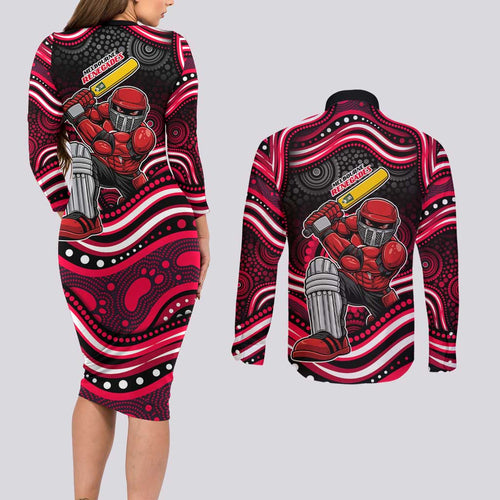 Melbourne Renegades Cricket Couples Matching Long Sleeve Bodycon Dress and Long Sleeve Button Shirt Australian Cricket Mascot - Modern Indigenous Style