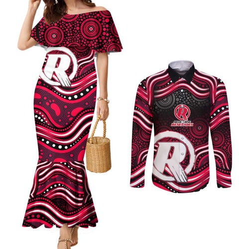 Melbourne Renegades Cricket Couples Matching Mermaid Dress and Long Sleeve Button Shirt Australian Cricket Mascot - Modern Indigenous Style