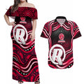 Melbourne Renegades Cricket Couples Matching Off Shoulder Maxi Dress and Hawaiian Shirt Australian Cricket Mascot - Modern Indigenous Style