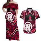 Melbourne Renegades Cricket Couples Matching Off Shoulder Maxi Dress and Hawaiian Shirt Australian Cricket Mascot - Modern Indigenous Style