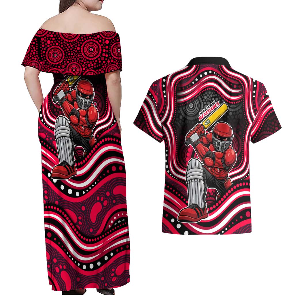 Melbourne Renegades Cricket Couples Matching Off Shoulder Maxi Dress and Hawaiian Shirt Australian Cricket Mascot - Modern Indigenous Style