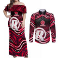 Melbourne Renegades Cricket Couples Matching Off Shoulder Maxi Dress and Long Sleeve Button Shirt Australian Cricket Mascot - Modern Indigenous Style