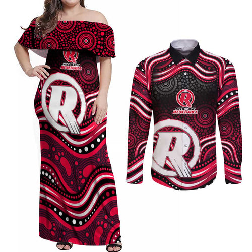 Melbourne Renegades Cricket Couples Matching Off Shoulder Maxi Dress and Long Sleeve Button Shirt Australian Cricket Mascot - Modern Indigenous Style