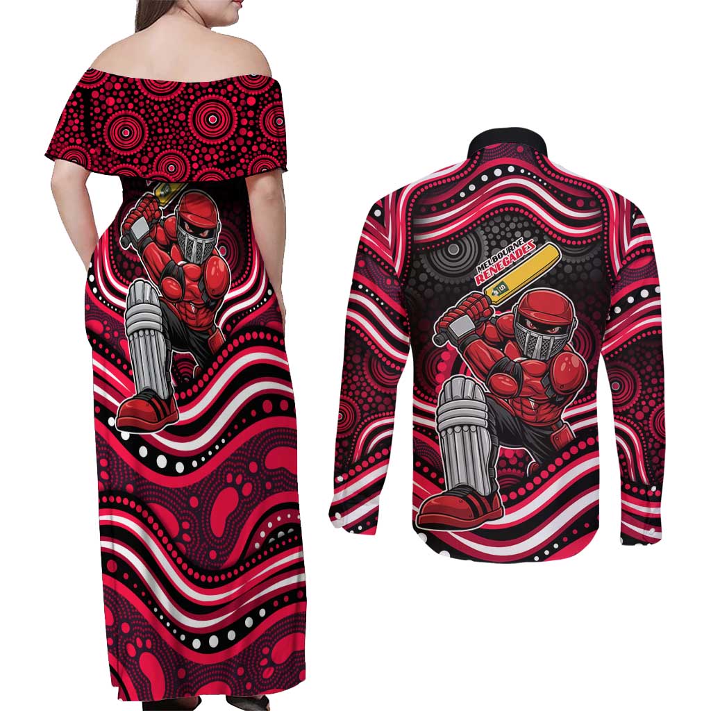 Melbourne Renegades Cricket Couples Matching Off Shoulder Maxi Dress and Long Sleeve Button Shirt Australian Cricket Mascot - Modern Indigenous Style