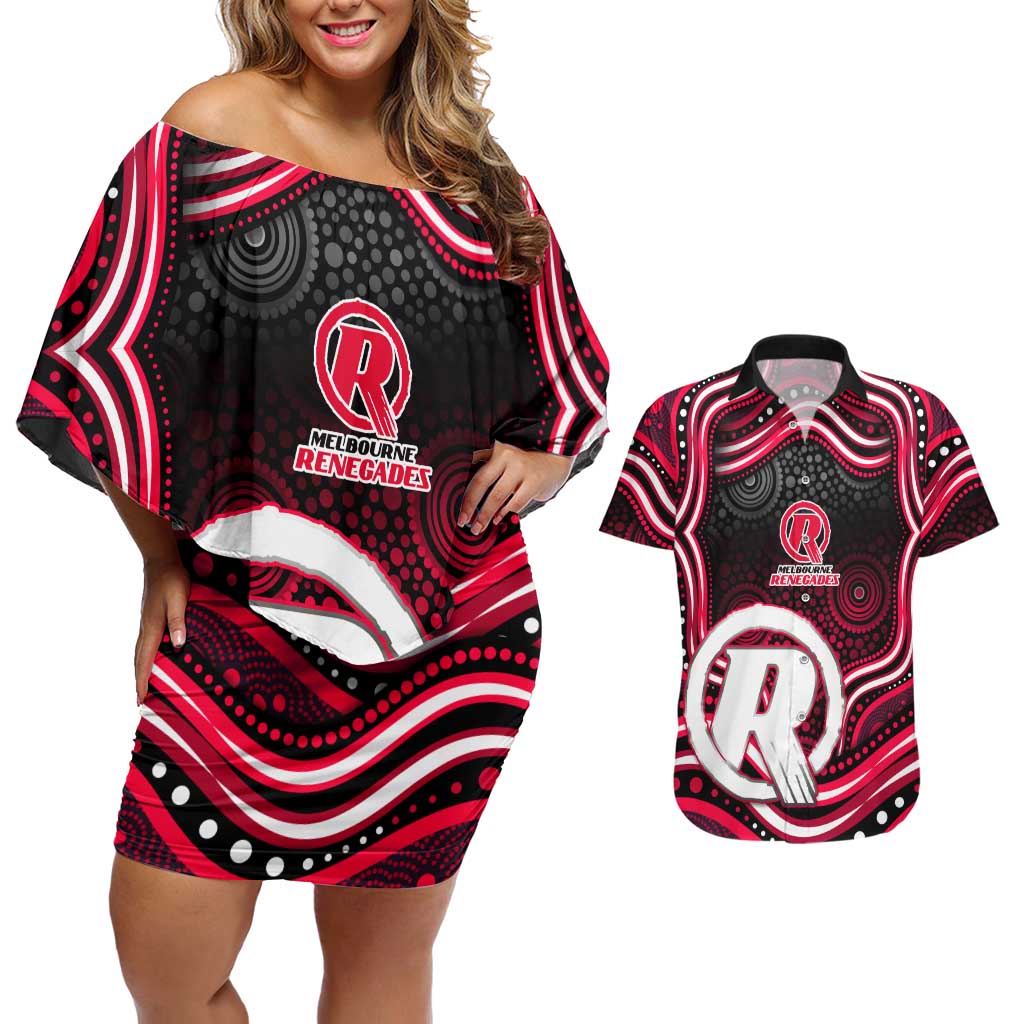 Melbourne Renegades Cricket Couples Matching Off Shoulder Short Dress and Hawaiian Shirt Australian Cricket Mascot - Modern Indigenous Style