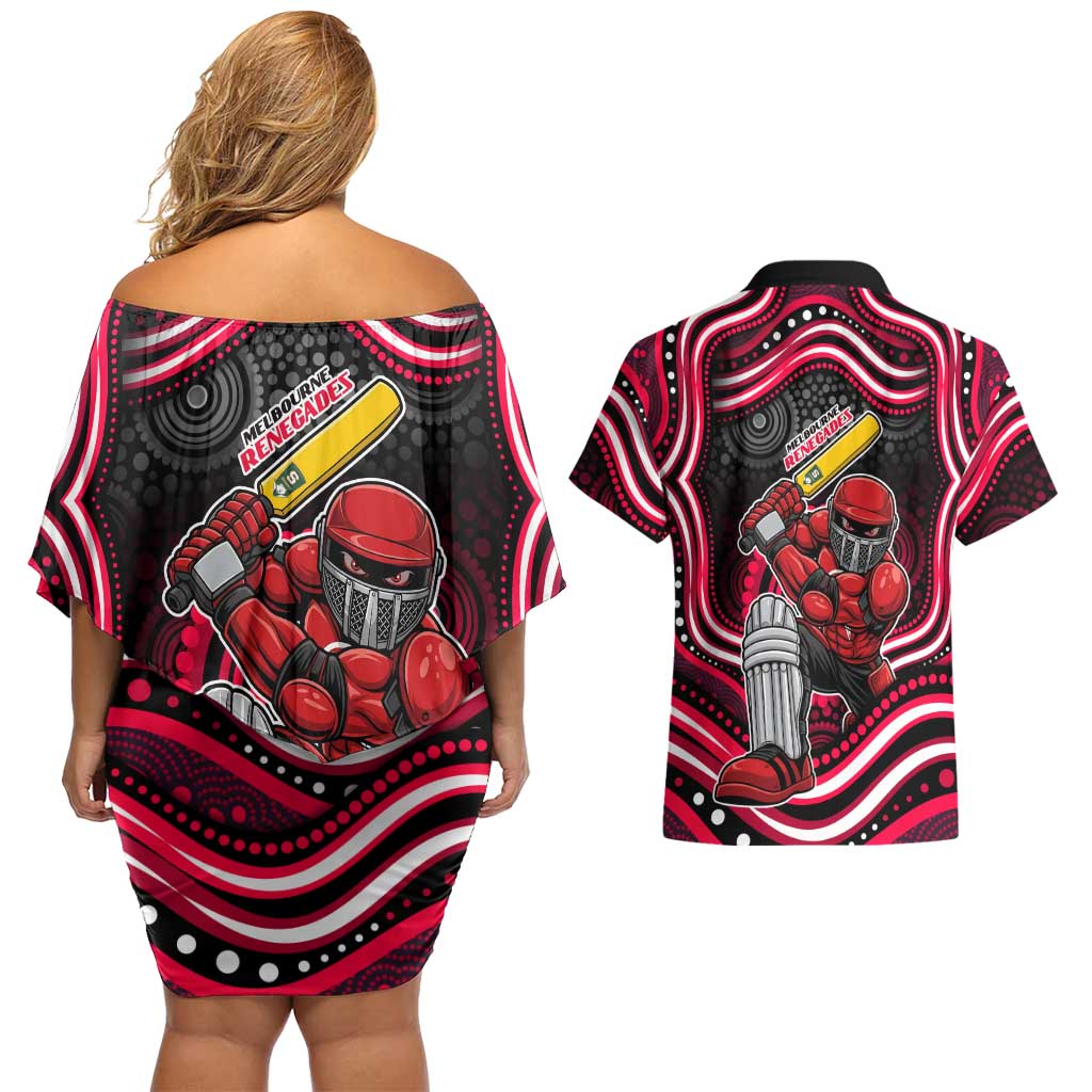 Melbourne Renegades Cricket Couples Matching Off Shoulder Short Dress and Hawaiian Shirt Australian Cricket Mascot - Modern Indigenous Style