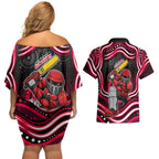Melbourne Renegades Cricket Couples Matching Off Shoulder Short Dress and Hawaiian Shirt Australian Cricket Mascot - Modern Indigenous Style