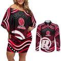 Melbourne Renegades Cricket Couples Matching Off Shoulder Short Dress and Long Sleeve Button Shirt Australian Cricket Mascot - Modern Indigenous Style