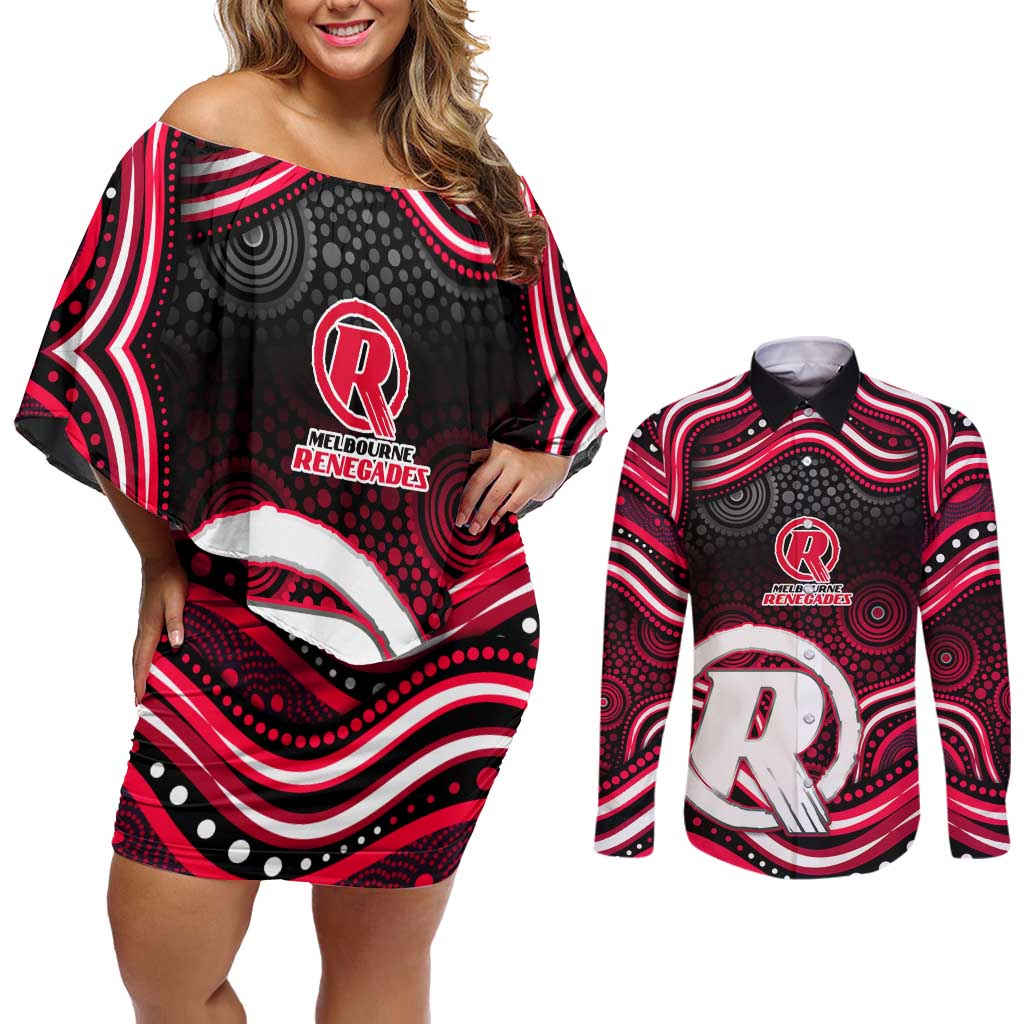 Melbourne Renegades Cricket Couples Matching Off Shoulder Short Dress and Long Sleeve Button Shirt Australian Cricket Mascot - Modern Indigenous Style