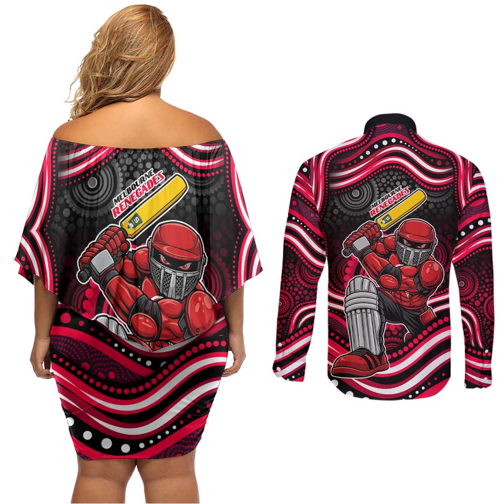 Melbourne Renegades Cricket Couples Matching Off Shoulder Short Dress and Long Sleeve Button Shirt Australian Cricket Mascot - Modern Indigenous Style