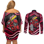 Melbourne Renegades Cricket Couples Matching Off Shoulder Short Dress and Long Sleeve Button Shirt Australian Cricket Mascot - Modern Indigenous Style