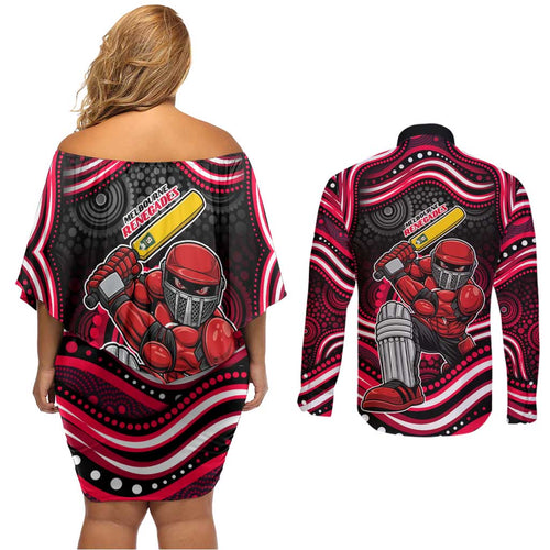 Melbourne Renegades Cricket Couples Matching Off Shoulder Short Dress and Long Sleeve Button Shirt Australian Cricket Mascot - Modern Indigenous Style