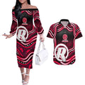 Melbourne Renegades Cricket Couples Matching Off The Shoulder Long Sleeve Dress and Hawaiian Shirt Australian Cricket Mascot - Modern Indigenous Style