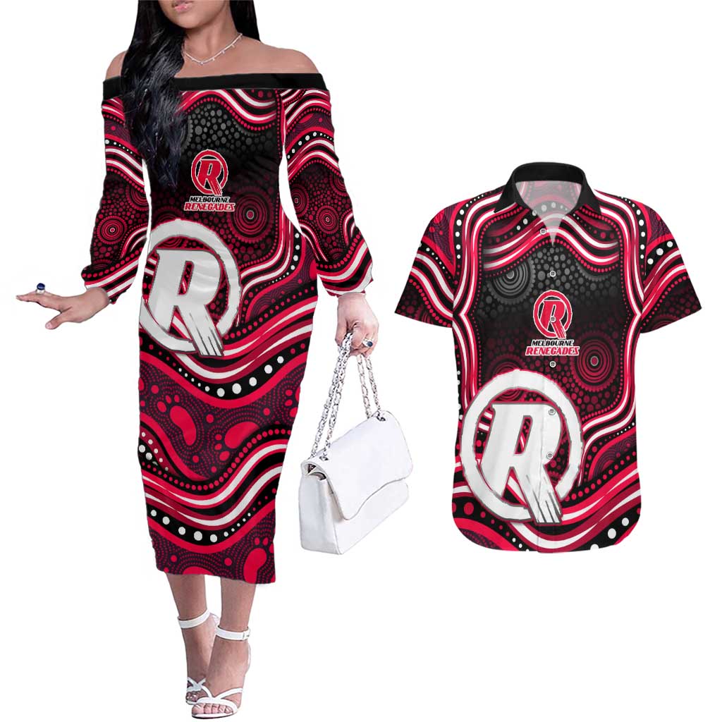 Melbourne Renegades Cricket Couples Matching Off The Shoulder Long Sleeve Dress and Hawaiian Shirt Australian Cricket Mascot - Modern Indigenous Style