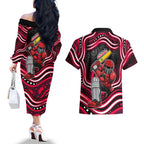 Melbourne Renegades Cricket Couples Matching Off The Shoulder Long Sleeve Dress and Hawaiian Shirt Australian Cricket Mascot - Modern Indigenous Style