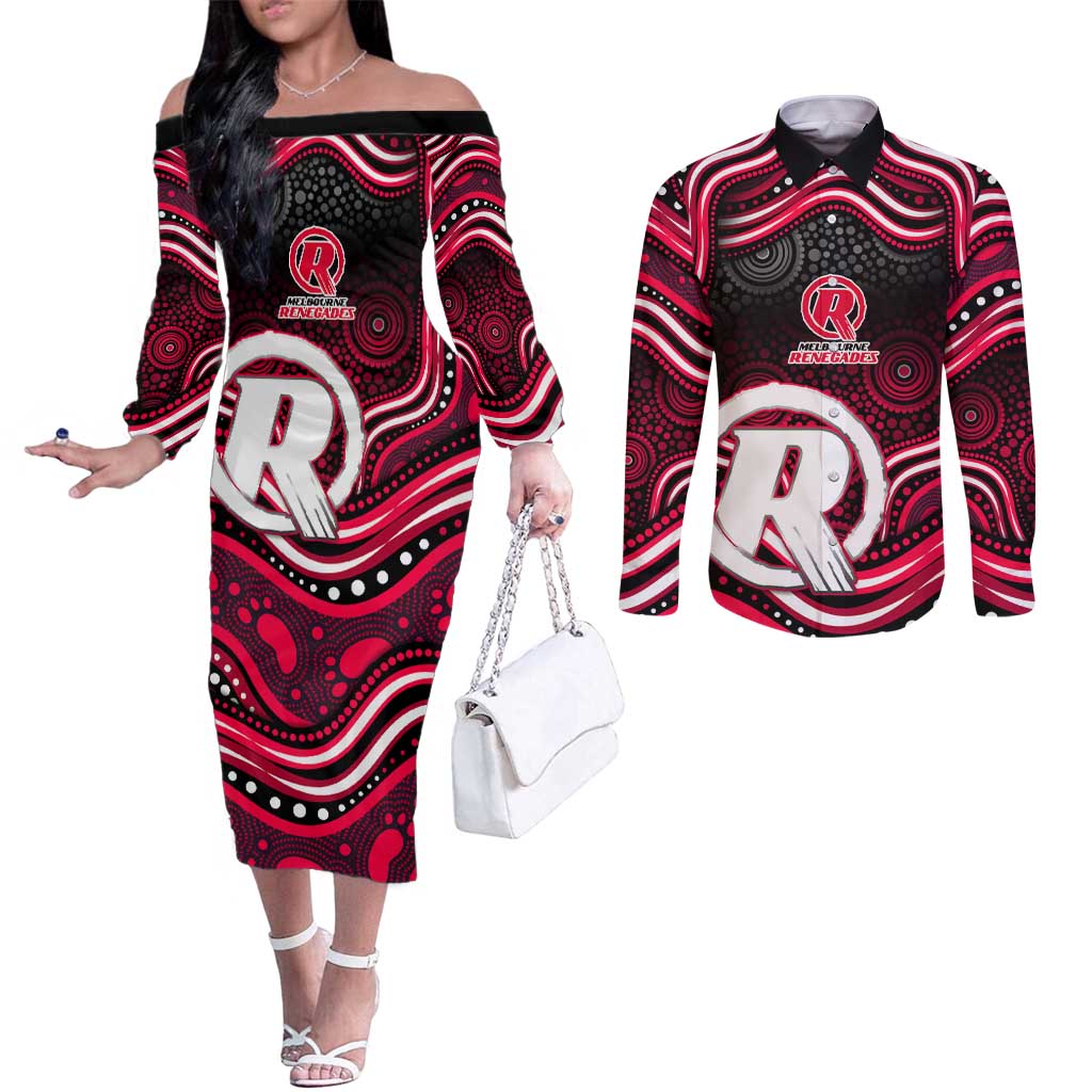 Melbourne Renegades Cricket Couples Matching Off The Shoulder Long Sleeve Dress and Long Sleeve Button Shirt Australian Cricket Mascot - Modern Indigenous Style