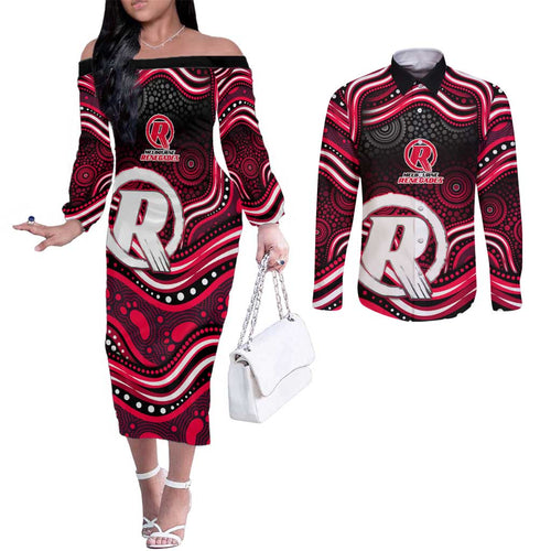 Melbourne Renegades Cricket Couples Matching Off The Shoulder Long Sleeve Dress and Long Sleeve Button Shirt Australian Cricket Mascot - Modern Indigenous Style