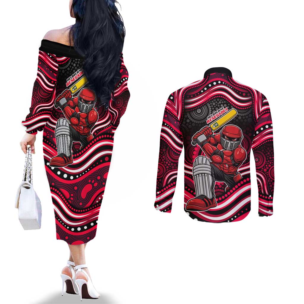 Melbourne Renegades Cricket Couples Matching Off The Shoulder Long Sleeve Dress and Long Sleeve Button Shirt Australian Cricket Mascot - Modern Indigenous Style