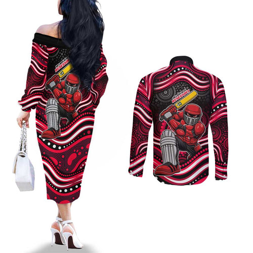 Melbourne Renegades Cricket Couples Matching Off The Shoulder Long Sleeve Dress and Long Sleeve Button Shirt Australian Cricket Mascot - Modern Indigenous Style