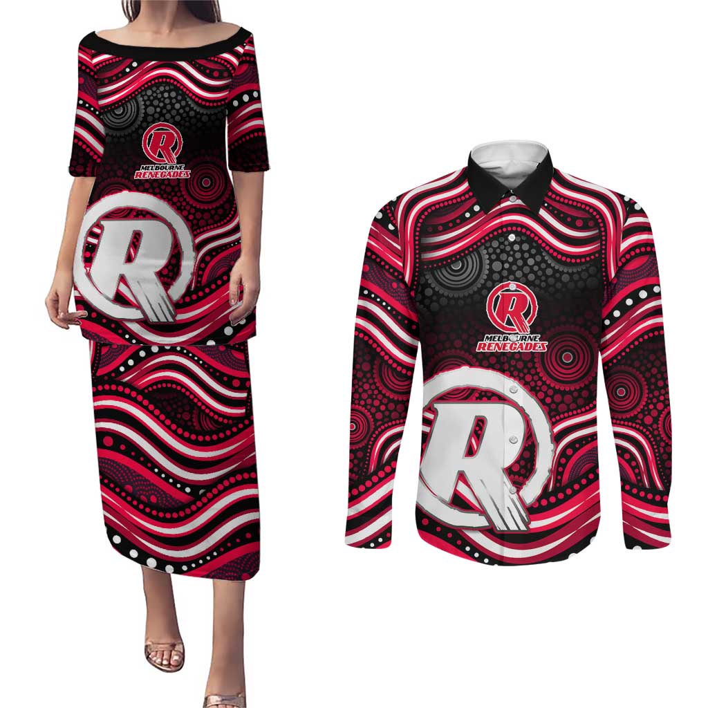 Melbourne Renegades Cricket Couples Matching Puletasi and Long Sleeve Button Shirt Australian Cricket Mascot - Modern Indigenous Style