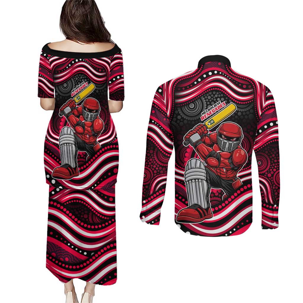 Melbourne Renegades Cricket Couples Matching Puletasi and Long Sleeve Button Shirt Australian Cricket Mascot - Modern Indigenous Style